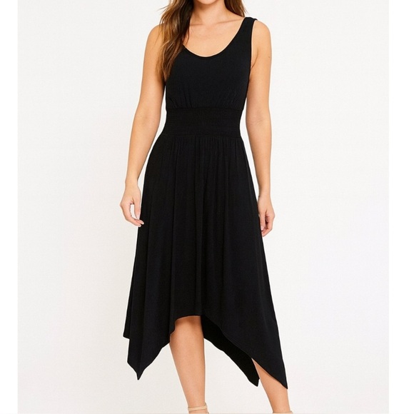 SUNDANCE DRESS - Black Rayon/Poly Knit Hanky Hem Elastic Waist, Midi Maxi SZ SM - Picture 1 of 10